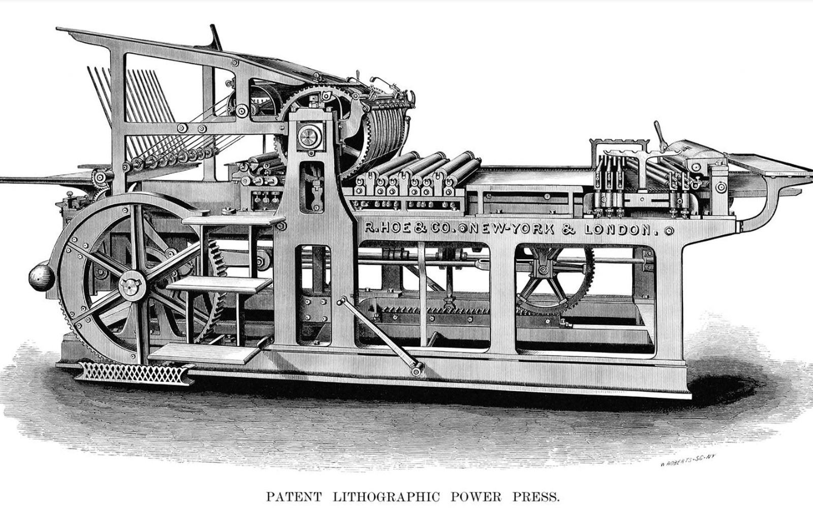 Engraving of an R Hoe & Co patent lithographic power press with gears and rollers