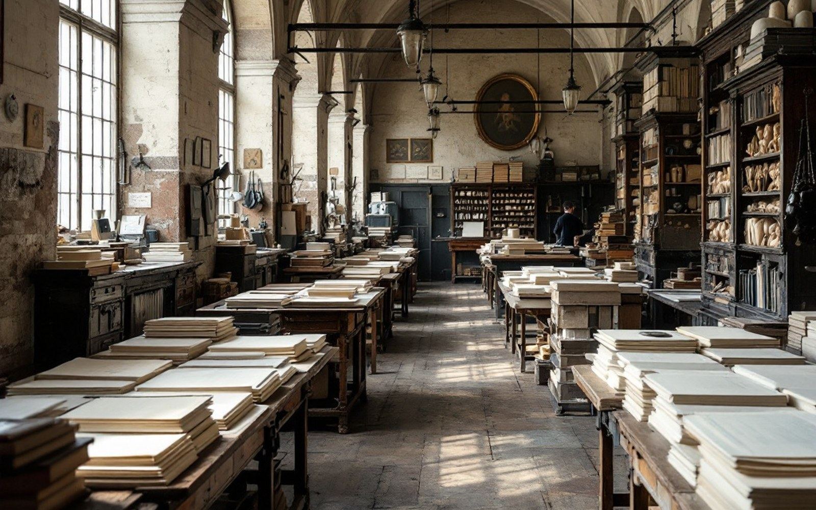 A printing workshop with racks of drying sheets